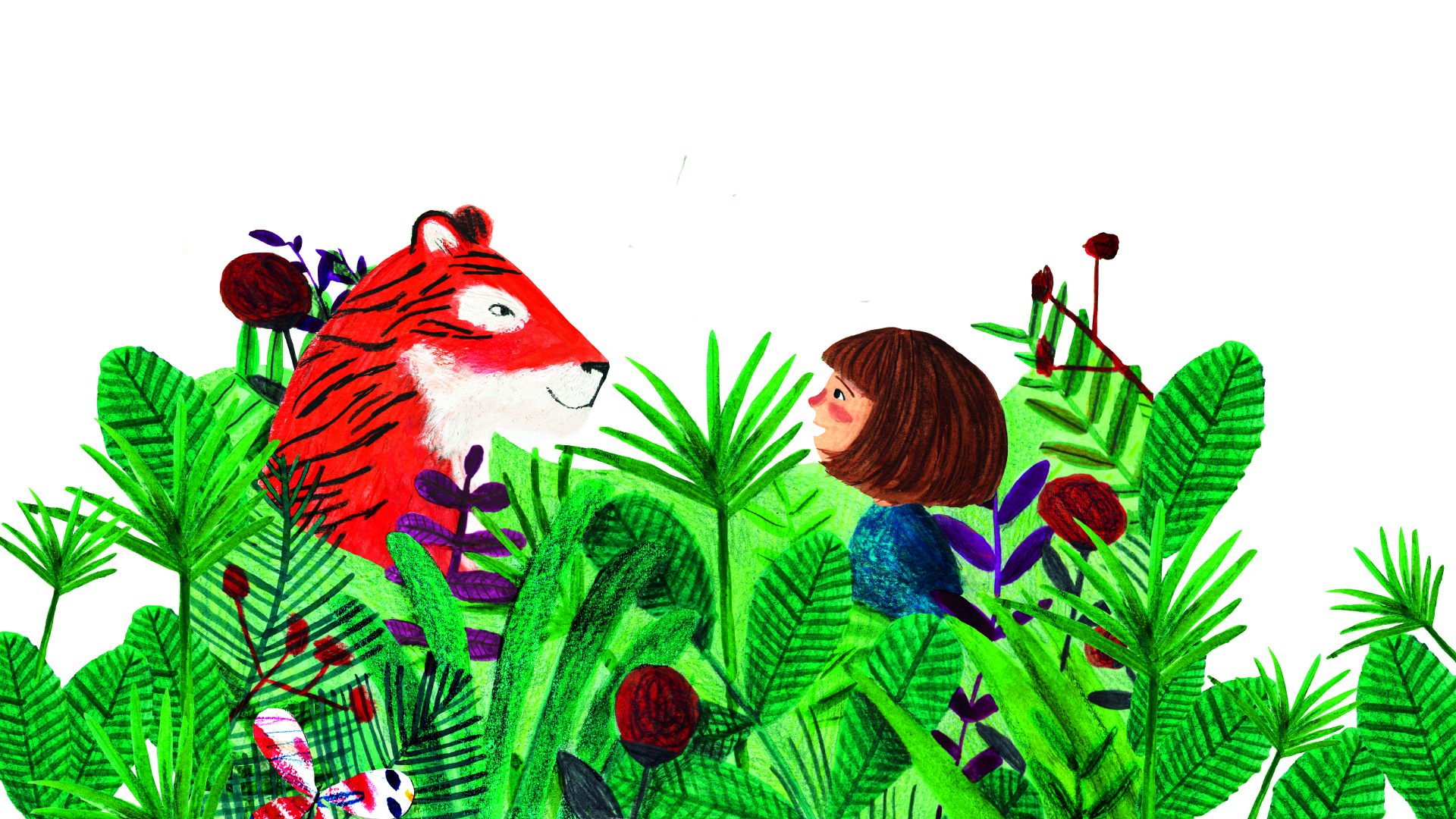 An illustration shows a child and a tiger stood among garden greenery.